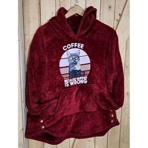 Cozy Fleece Cat Ears Hoodie Cat Drinking Coffee Graphic Burgundy Soft Warm Fun